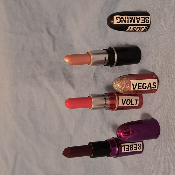 MAC New Mini Lipsticks Set of 3 for $30 NWT -  Rebel - Vegas Volt & Just Beaming - Picture 4 of 9
